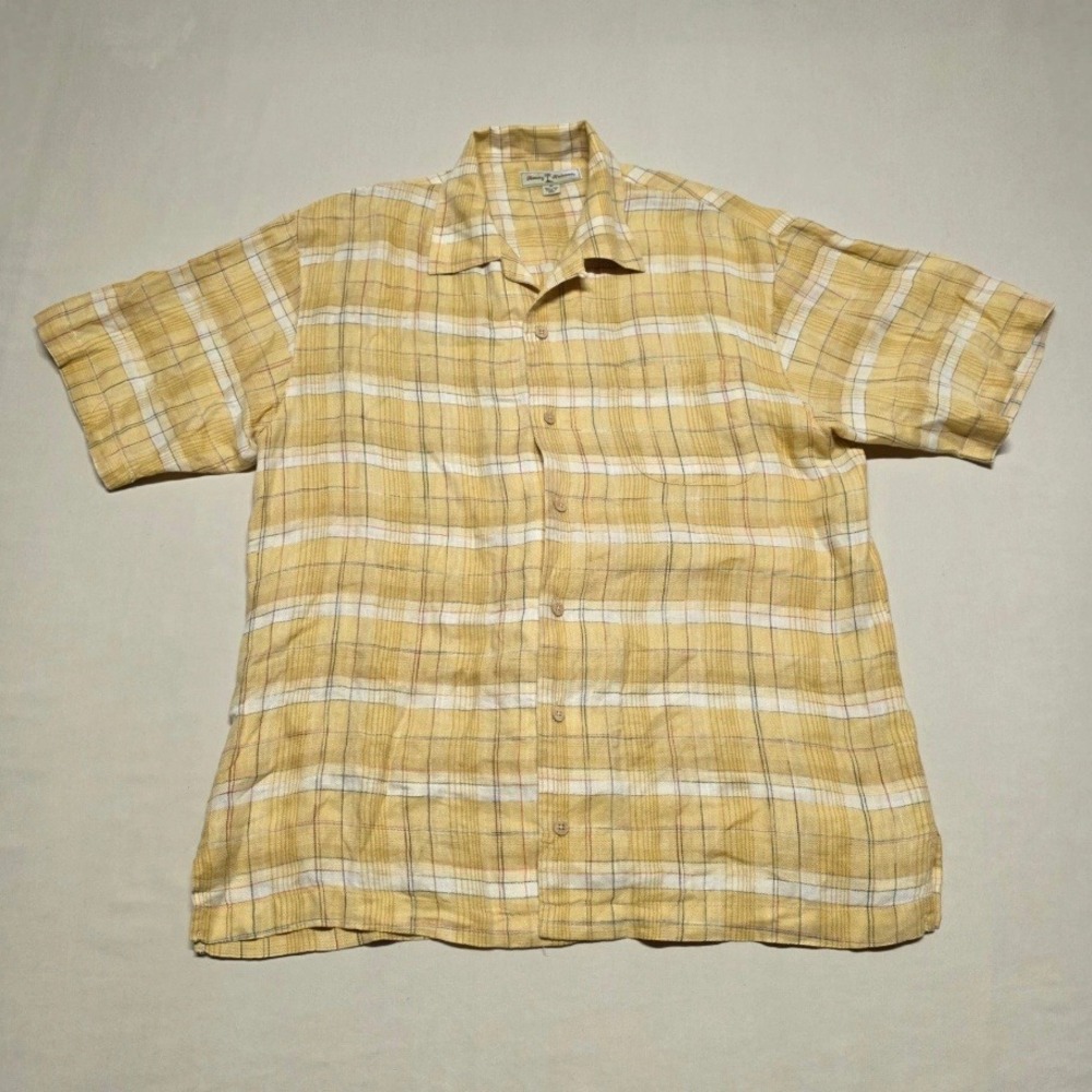 Tommy Bahama Men Medium Yellow Plaid 100% Linen Relaxed Button Up Shirt Oversize